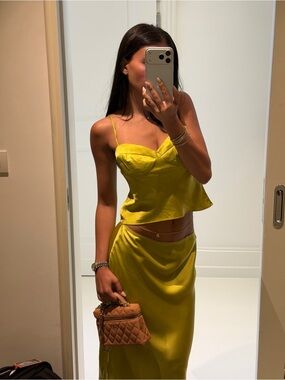 Reformation Satin Midi Skirt and Cami Set in Chartreuse